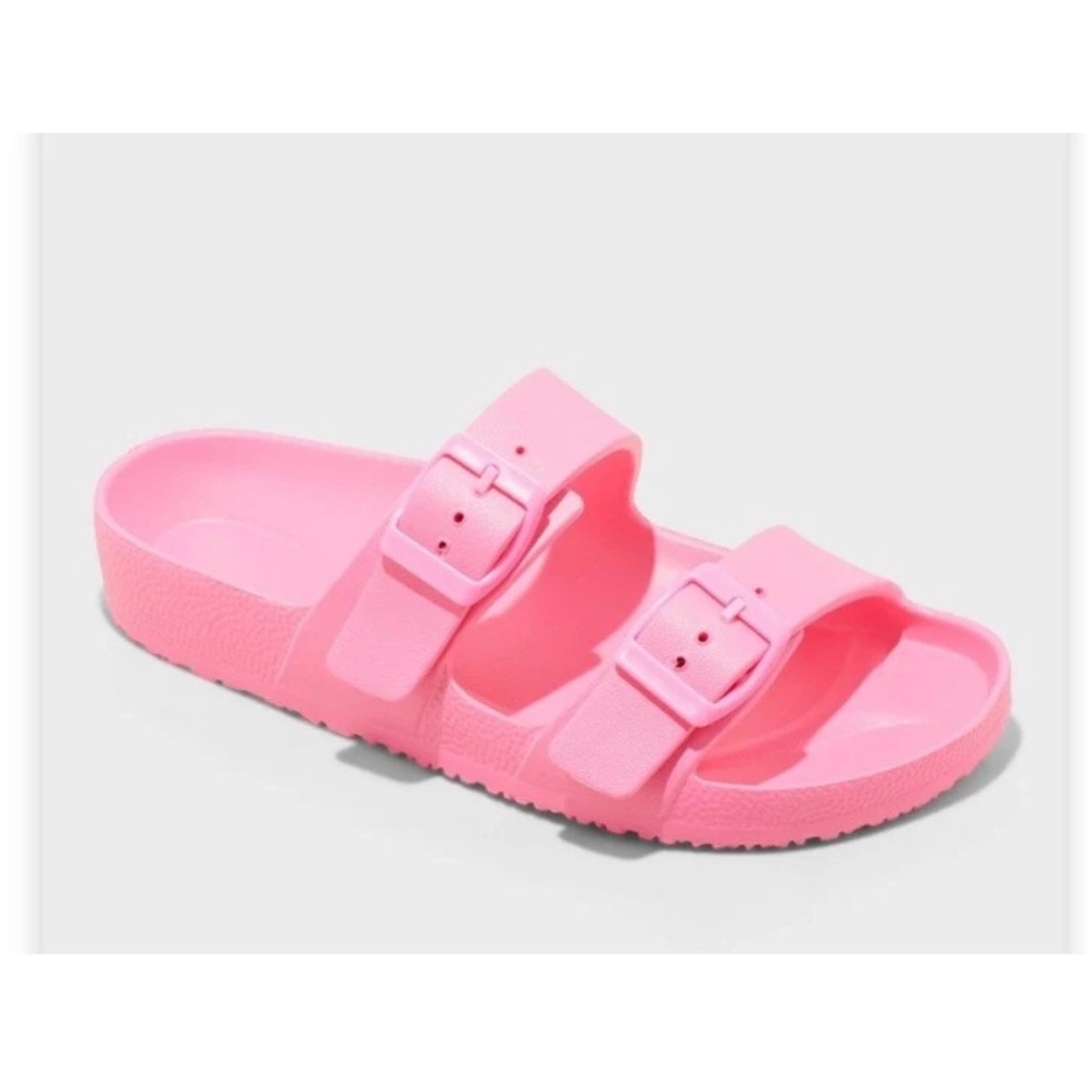 Shade & Shore Bright Neon Pink Double Strap Summer Sandals Slides - Picture 9 of 10